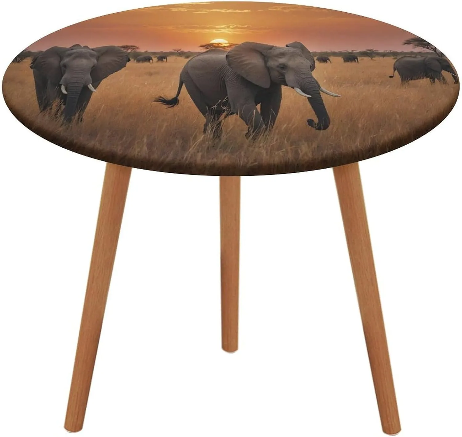 Round Fitted Tablecloth with Elastic, Elephant Sunset Grassland Small Outdoor Tablecloth, Waterproof Plastic Picnic Table Cover, Stretch Vinyl Patio Table Cloth for Camping Fits 30"-39"