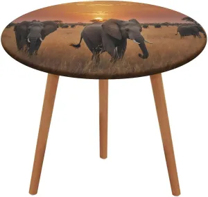 Round Fitted Tablecloth with Elastic, Elephant Sunset Grassland Small Outdoor Tablecloth, Waterproof Plastic Picnic Table Cover, Stretch Vinyl Patio Table Cloth for Camping Fits 30"-39"