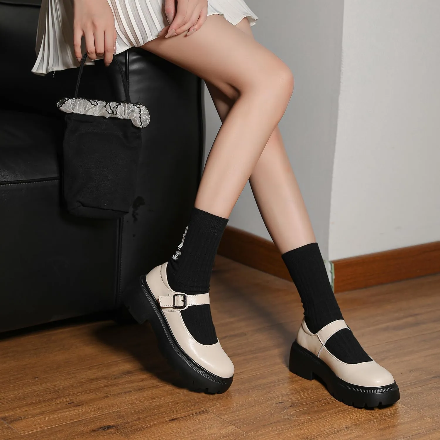 Ruiatoo Women's Mary Janes Shoes for Women Platform Low Heel Chunky Pumps Round Toe Oxford Dress Shoes