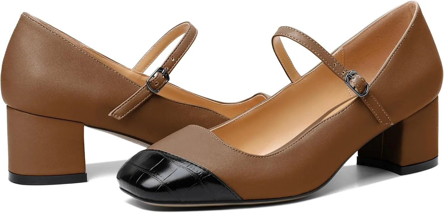 SAMMITOP Womens Chunky Block Heels Square Cap Toe Mary Jane Low Heel Pumps 2 Inch Classic Ankle Strap Dress Pumps Shoes for Office Wedding Party