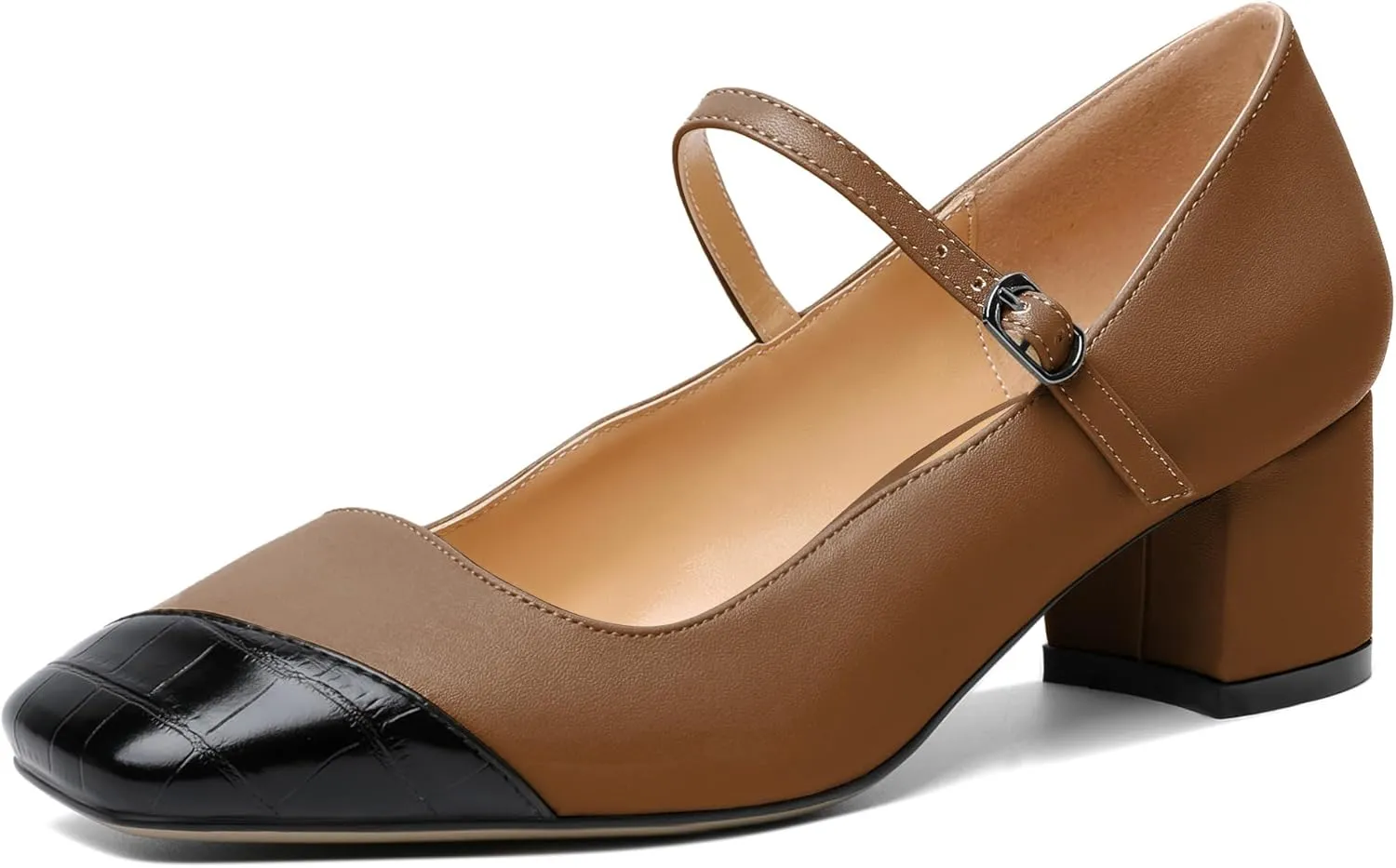 SAMMITOP Womens Chunky Block Heels Square Cap Toe Mary Jane Low Heel Pumps 2 Inch Classic Ankle Strap Dress Pumps Shoes for Office Wedding Party
