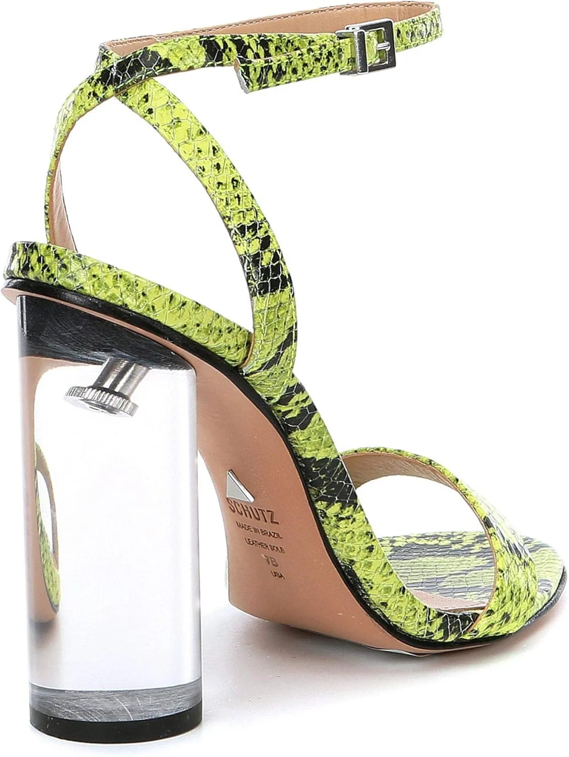 SCHUTZ Valencia Open Toe Ankle Strap Block Clear Heeled Sandals Neon Yellow
