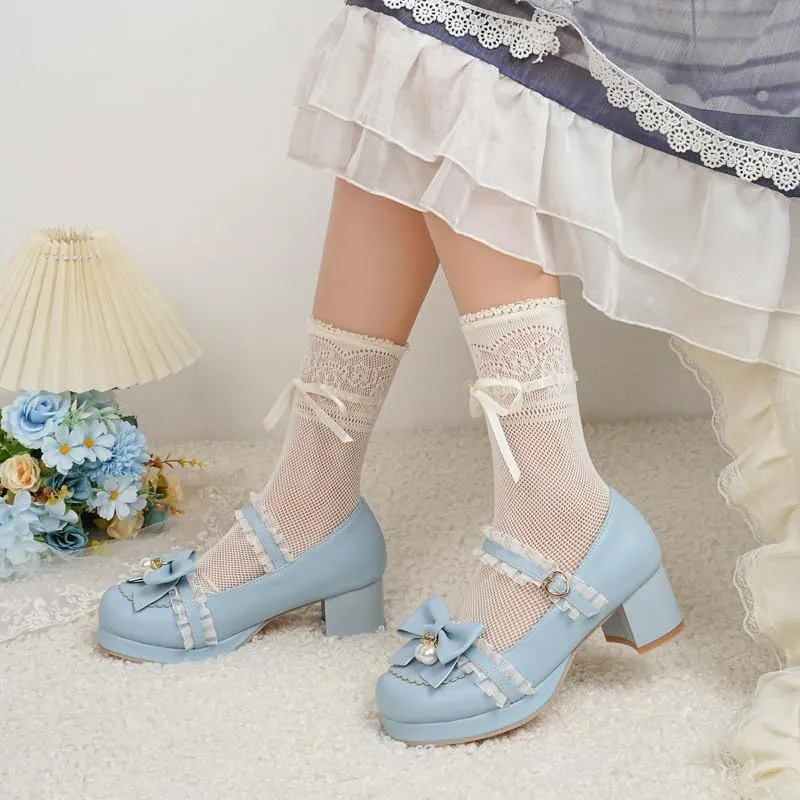 Seborluys Women's Sweet Lolita Cosplay Shoes Mid Chunky Heel Kawaii Platform Mary Jane Dress Pumps Ankle Strap with Lace Bow