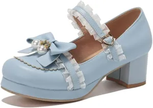 Seborluys Women's Sweet Lolita Cosplay Shoes Mid Chunky Heel Kawaii Platform Mary Jane Dress Pumps Ankle Strap with Lace Bow