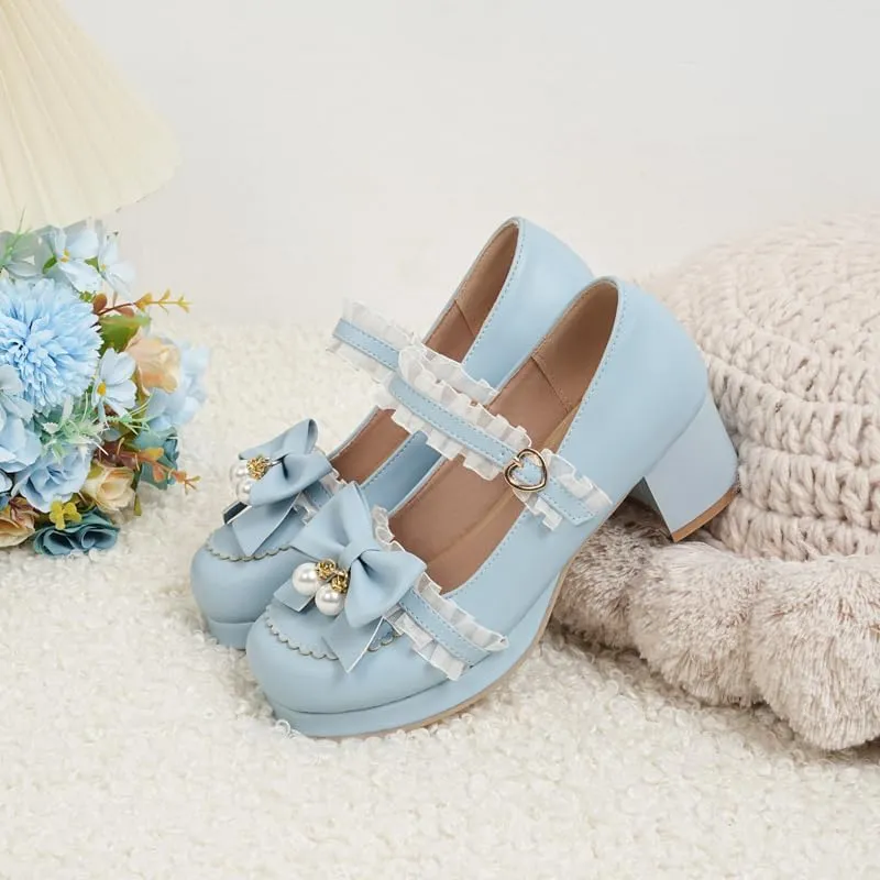 Seborluys Women's Sweet Lolita Cosplay Shoes Mid Chunky Heel Kawaii Platform Mary Jane Dress Pumps Ankle Strap with Lace Bow