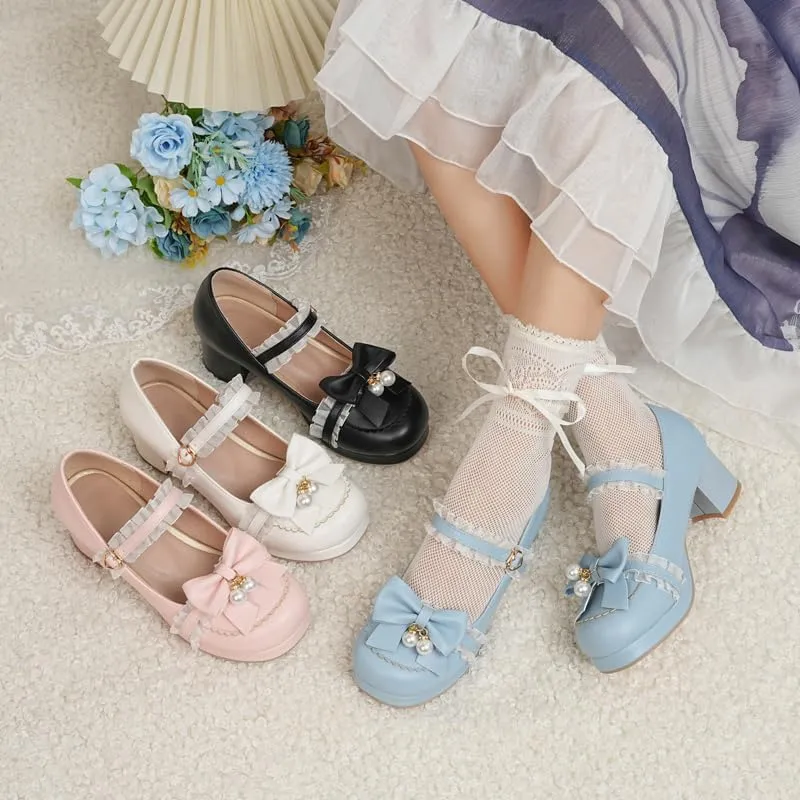 Seborluys Women's Sweet Lolita Cosplay Shoes Mid Chunky Heel Kawaii Platform Mary Jane Dress Pumps Ankle Strap with Lace Bow