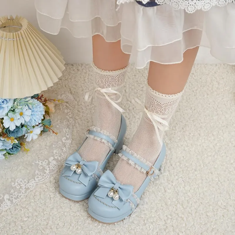 Seborluys Women's Sweet Lolita Cosplay Shoes Mid Chunky Heel Kawaii Platform Mary Jane Dress Pumps Ankle Strap with Lace Bow