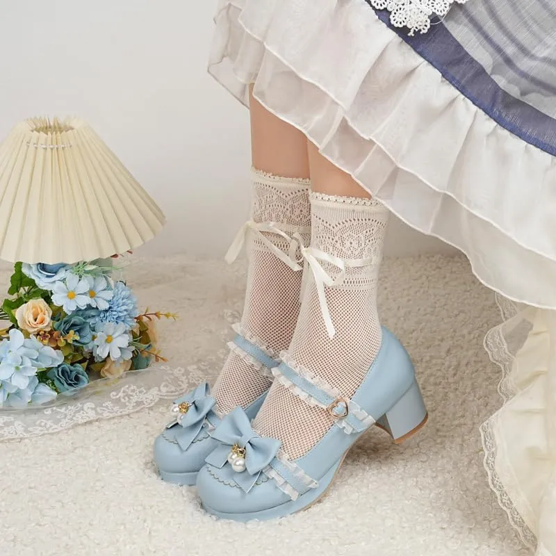 Seborluys Women's Sweet Lolita Cosplay Shoes Mid Chunky Heel Kawaii Platform Mary Jane Dress Pumps Ankle Strap with Lace Bow