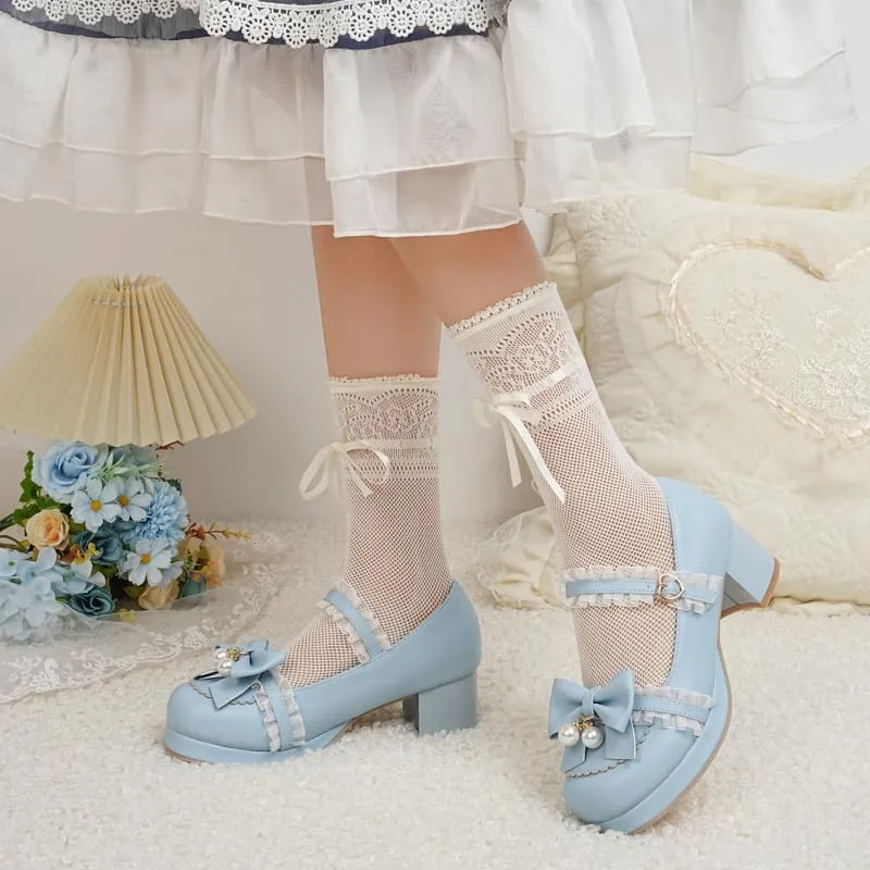 Seborluys Women's Sweet Lolita Cosplay Shoes Mid Chunky Heel Kawaii Platform Mary Jane Dress Pumps Ankle Strap with Lace Bow
