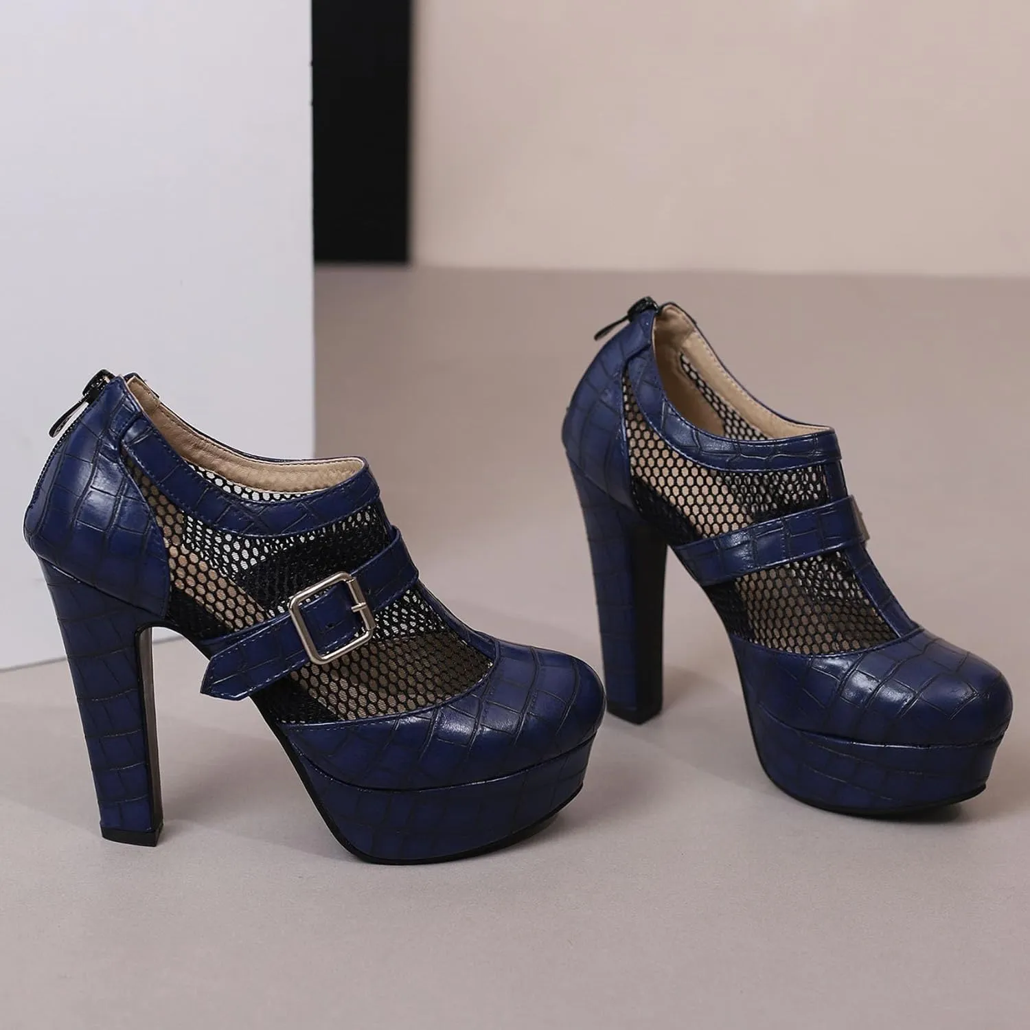 SHEMEE Women's Super High Heel Platform Pumps Block Chunky Heels Ankle Booties Buckle Pull On Dress Shoes