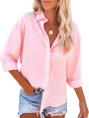 siliteelon Womens Button Down Shirts Cotton Dress Shirts Long Sleeve Blouses V Neck Solid Casual Tunics Tops with Pockets