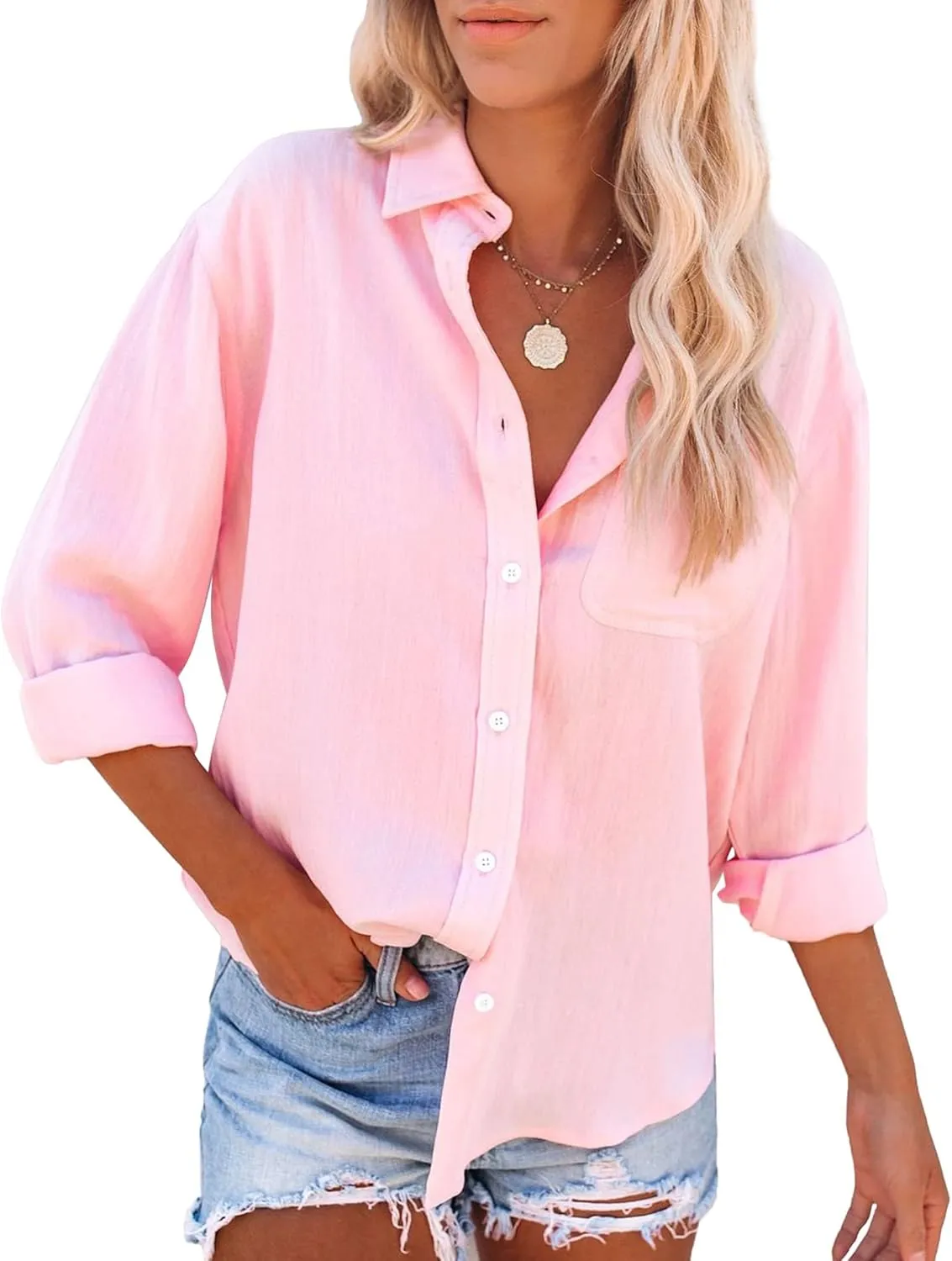 siliteelon Womens Button Down Shirts Cotton Dress Shirts Long Sleeve Blouses V Neck Solid Casual Tunics Tops with Pockets
