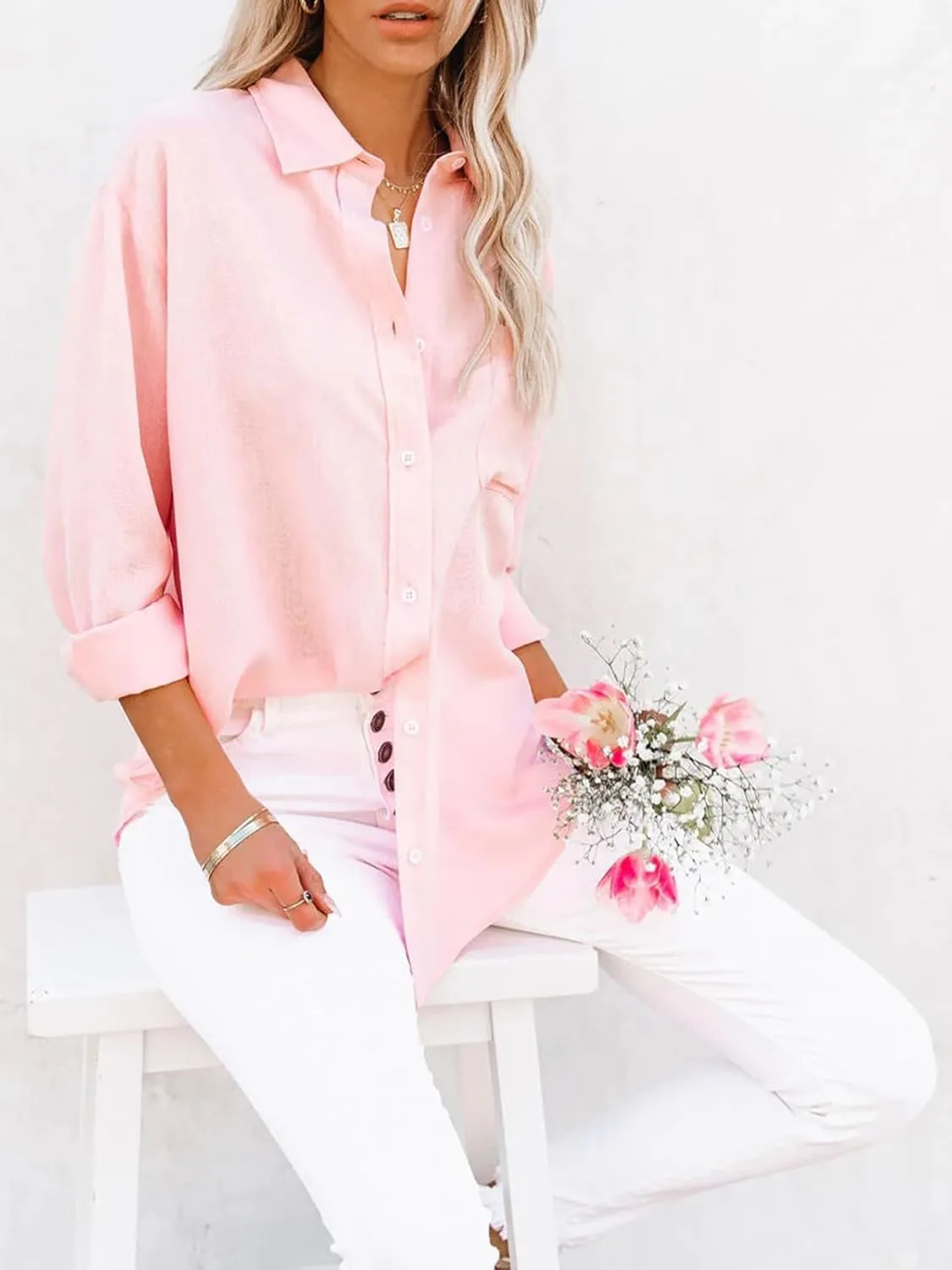 siliteelon Womens Button Down Shirts Cotton Dress Shirts Long Sleeve Blouses V Neck Solid Casual Tunics Tops with Pockets