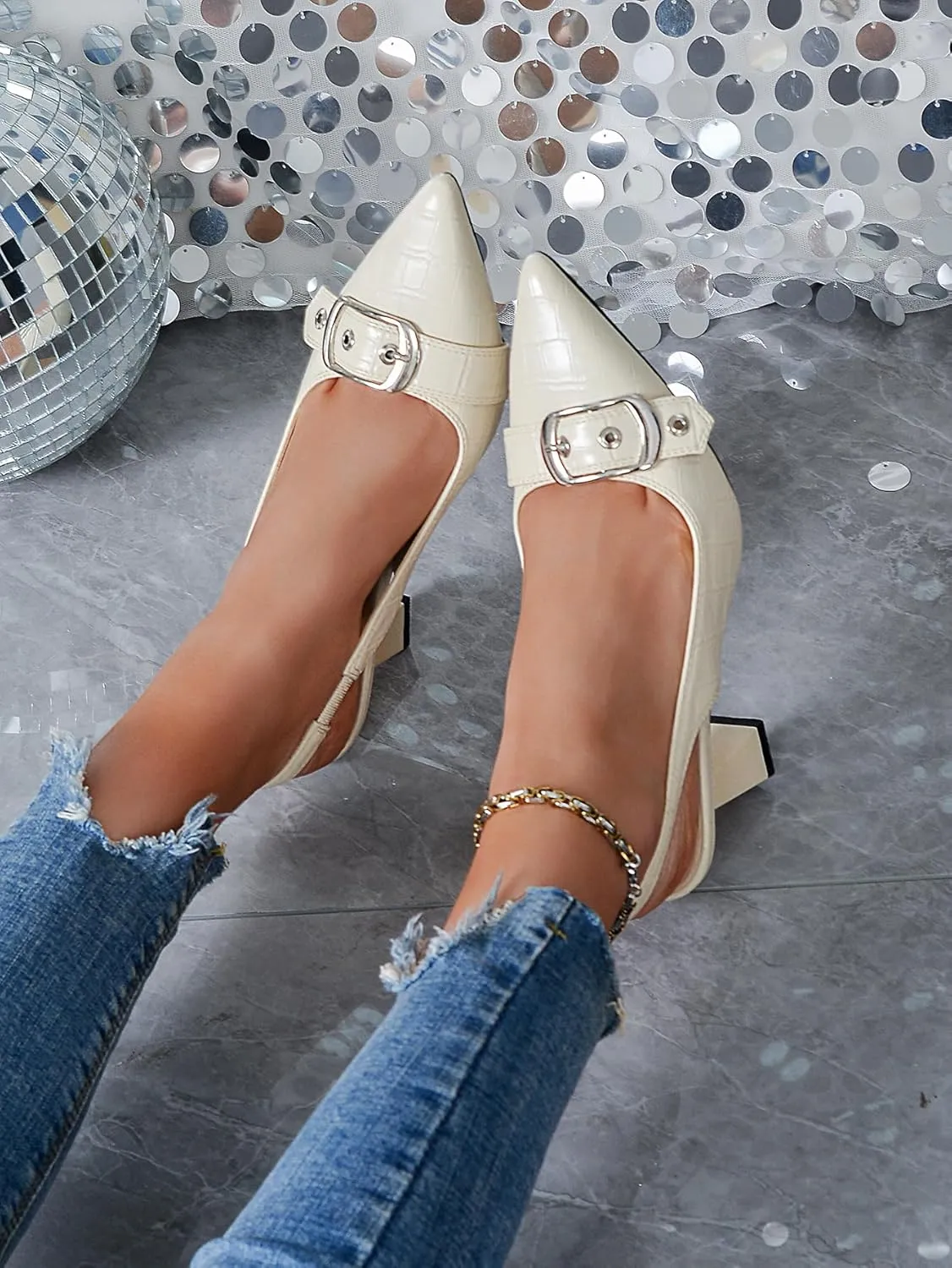 Slingback Kitten Heels for Women Closed Pointed Toe Pumps Dress Shoes with Buckle Strap Comfortable Slip On Sandal Heels for Work Party Wedding