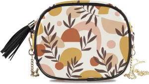 Small Crossbody Bag Abstract Collage Tropical Leaves Womens Shoulder Chain Bag PU Leather Small Purse With Tassel