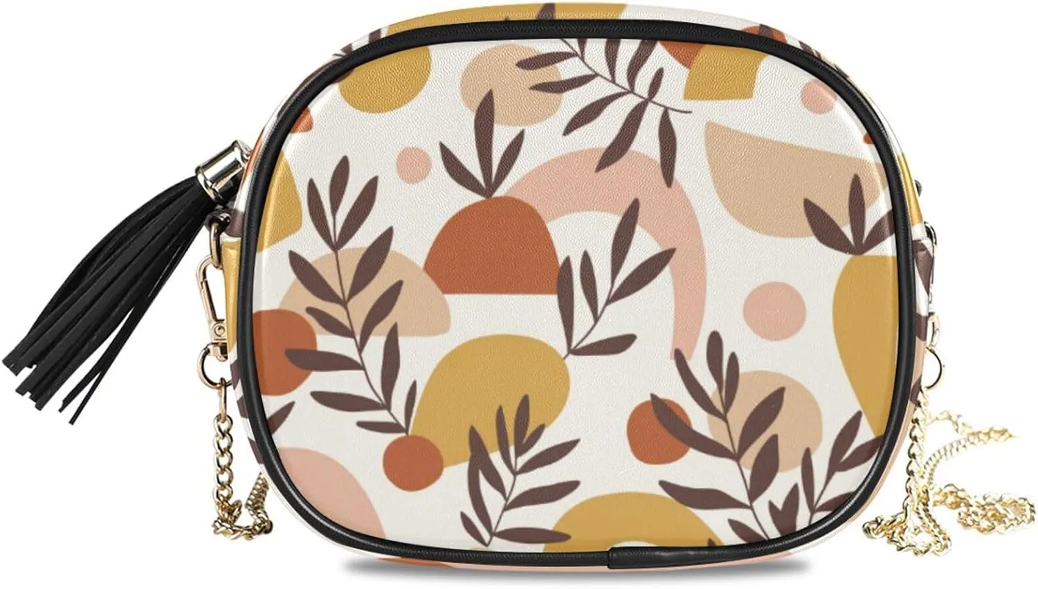 Small Crossbody Bag Abstract Collage Tropical Leaves Womens Shoulder Chain Bag PU Leather Small Purse With Tassel