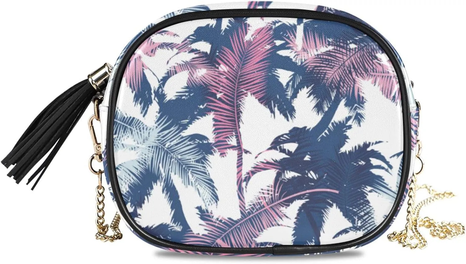 Small Crossbody Bag Exotic Palm and Tropical Plants Womens Shoulder Chain Bag PU Leather Small Purse With Tassel