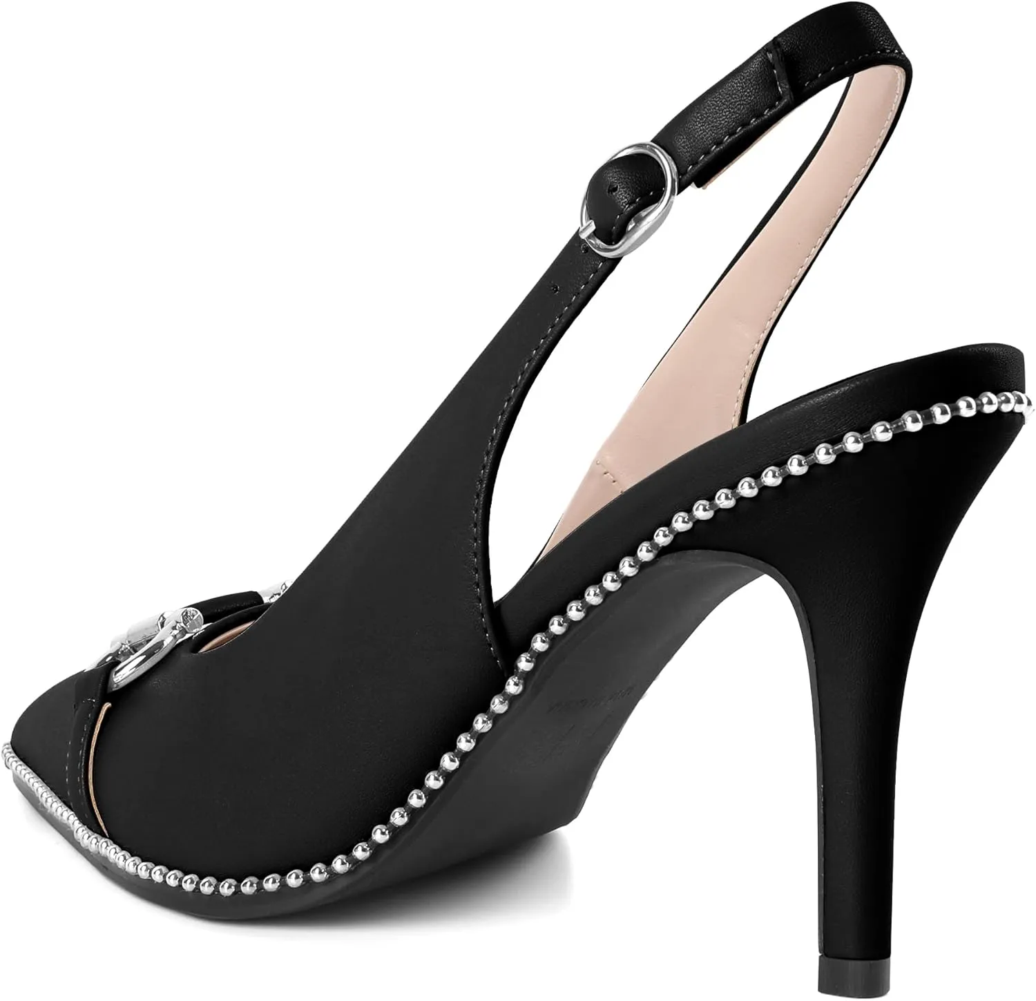Soireelady Women Beaded Pumps High Heel Slingback Pointed Toe Slip On Stilettos Ankle Strap Adjustable Buckle 3.5 Inch Dress Shoes Patent Leather