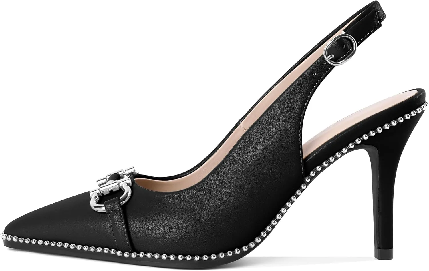 Soireelady Women Beaded Pumps High Heel Slingback Pointed Toe Slip On Stilettos Ankle Strap Adjustable Buckle 3.5 Inch Dress Shoes Patent Leather