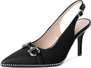 Soireelady Women Beaded Pumps High Heel Slingback Pointed Toe Slip On Stilettos Ankle Strap Adjustable Buckle 3.5 Inch Dress Shoes Patent Leather