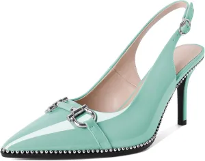 Soireelady Women Beaded Pumps High Heel Slingback Pointed Toe Slip On Stilettos Ankle Strap Adjustable Buckle 3.5 Inch Dress Shoes Patent Leather