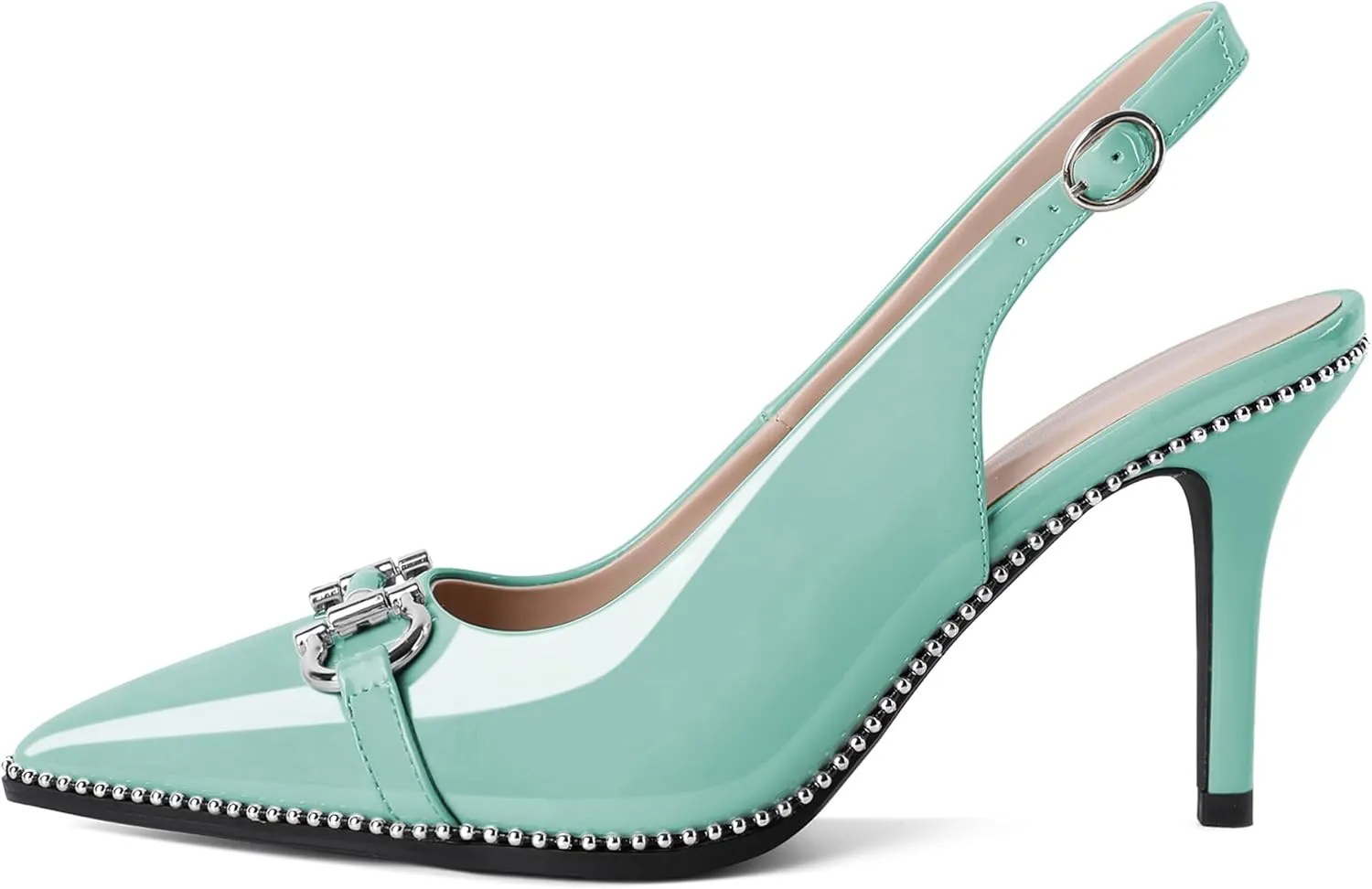 Soireelady Women Beaded Pumps High Heel Slingback Pointed Toe Slip On Stilettos Ankle Strap Adjustable Buckle 3.5 Inch Dress Shoes Patent Leather