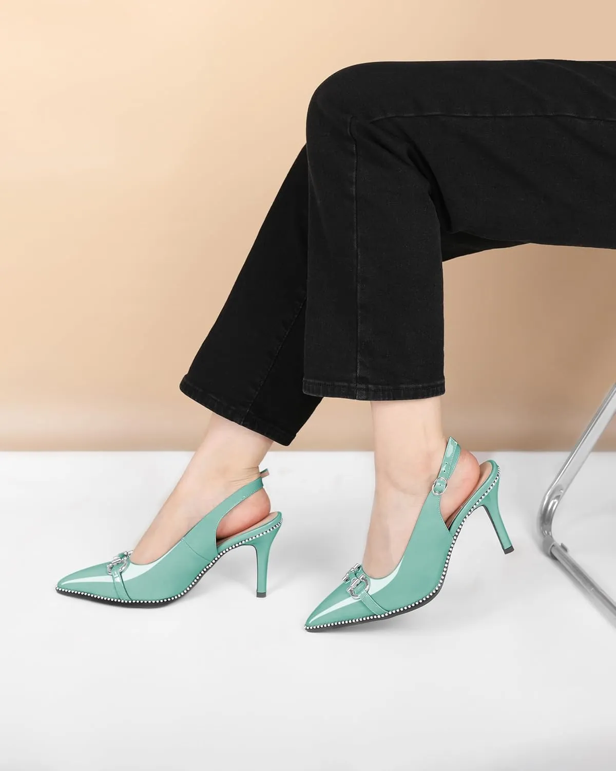 Soireelady Women Beaded Pumps High Heel Slingback Pointed Toe Slip On Stilettos Ankle Strap Adjustable Buckle 3.5 Inch Dress Shoes Patent Leather