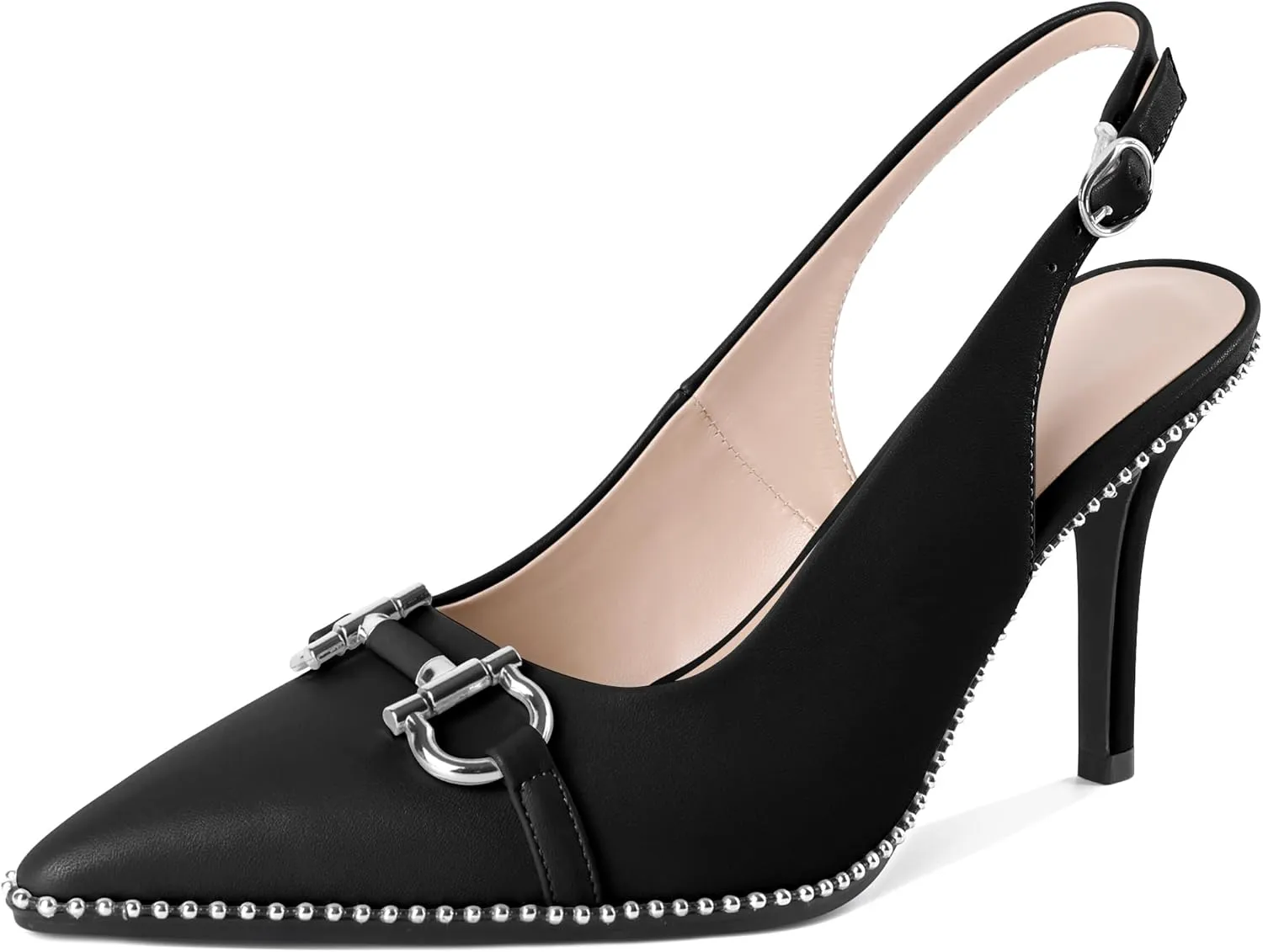 Soireelady Women Beaded Pumps High Heel Slingback Pointed Toe Slip On Stilettos Ankle Strap Adjustable Buckle 3.5 Inch Dress Shoes Patent Leather