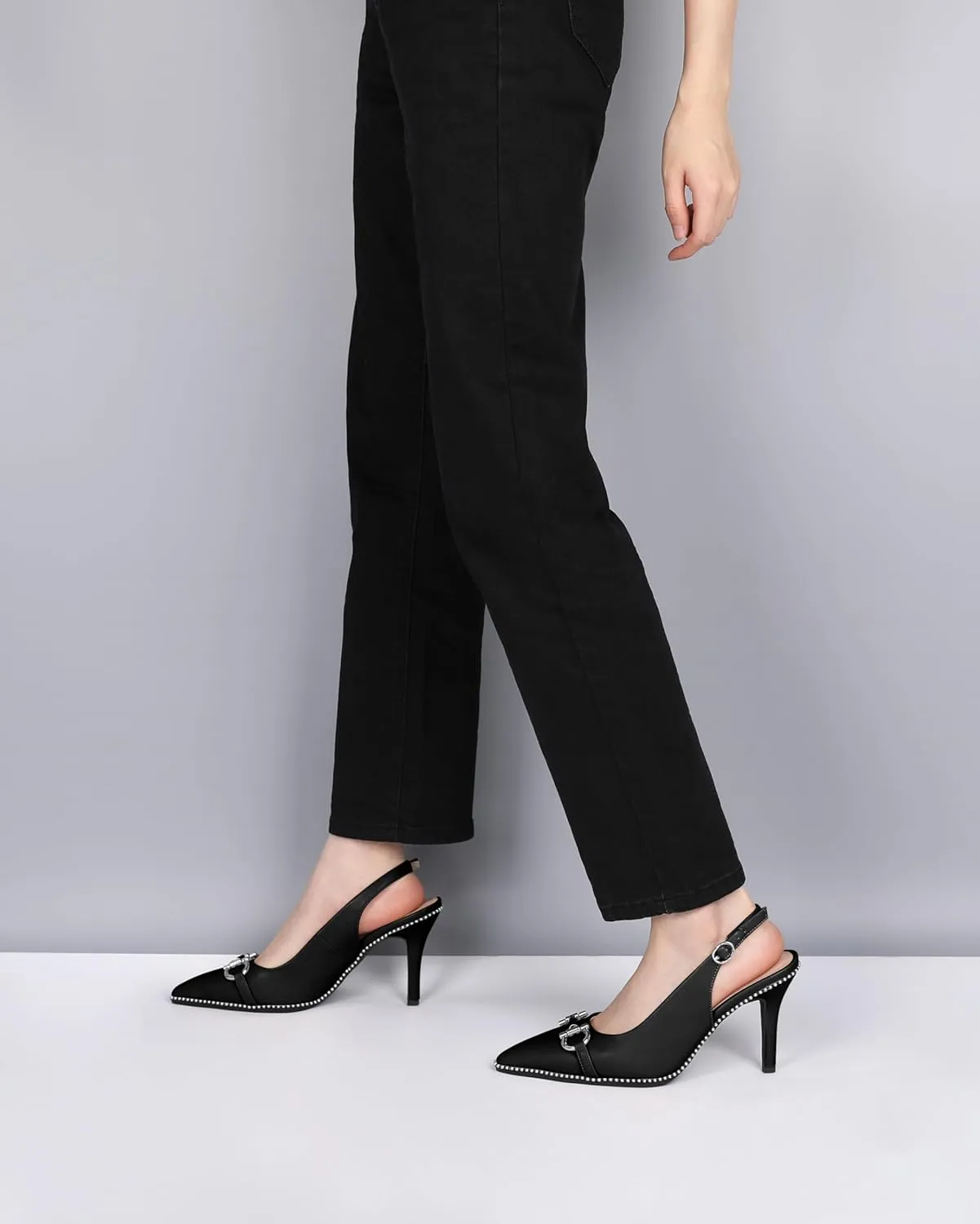 Soireelady Women Beaded Pumps High Heel Slingback Pointed Toe Slip On Stilettos Ankle Strap Adjustable Buckle 3.5 Inch Dress Shoes Patent Leather