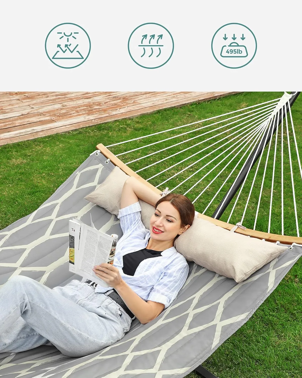 SONGMICS Quilted Hammock with Curved Bamboo Spreaders, Pillow, 78.7 x 55.1 Inches, Holds up to 495 lb, Gray and Beige Rhombus