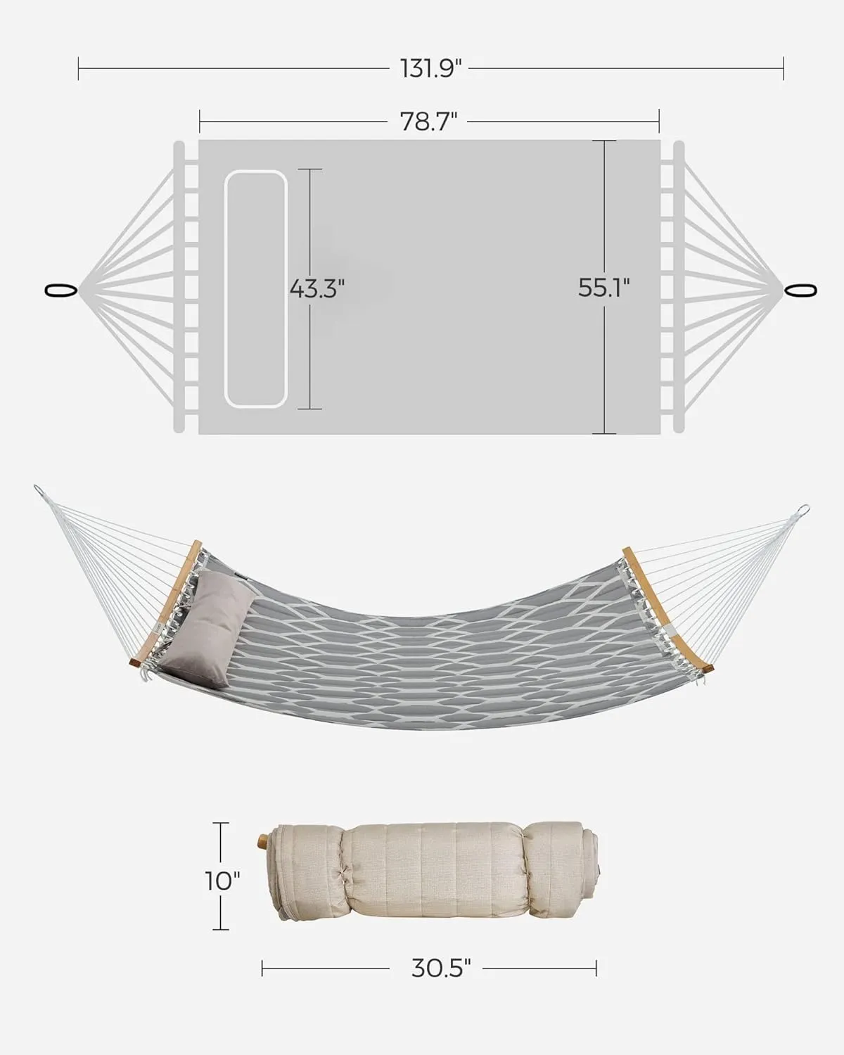 SONGMICS Quilted Hammock with Curved Bamboo Spreaders, Pillow, 78.7 x 55.1 Inches, Holds up to 495 lb, Gray and Beige Rhombus