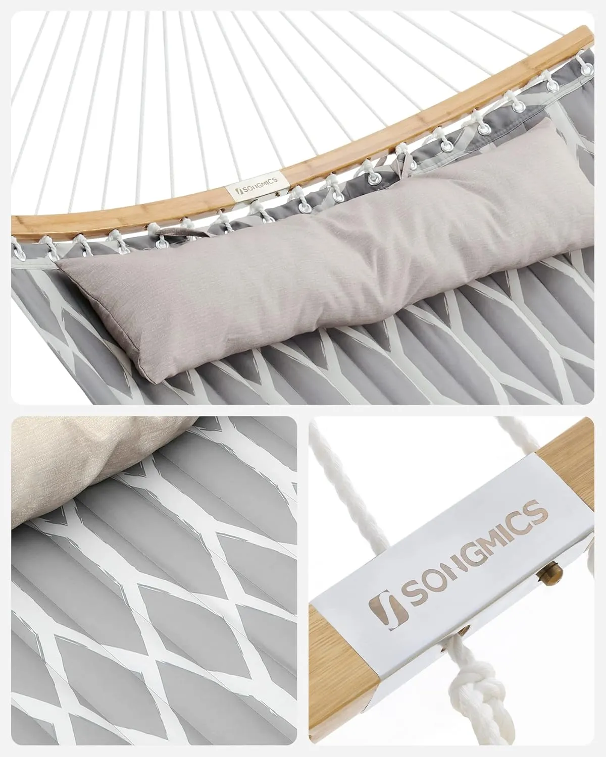SONGMICS Quilted Hammock with Curved Bamboo Spreaders, Pillow, 78.7 x 55.1 Inches, Holds up to 495 lb, Gray and Beige Rhombus