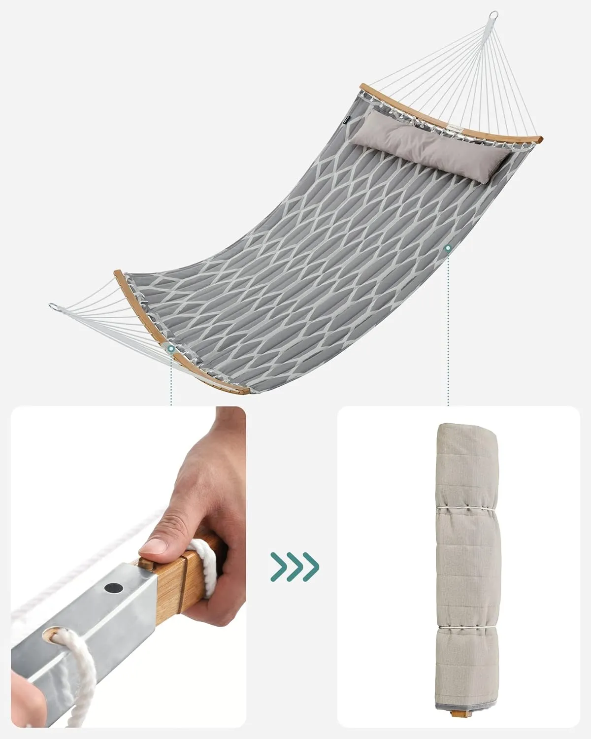 SONGMICS Quilted Hammock with Curved Bamboo Spreaders, Pillow, 78.7 x 55.1 Inches, Holds up to 495 lb, Gray and Beige Rhombus