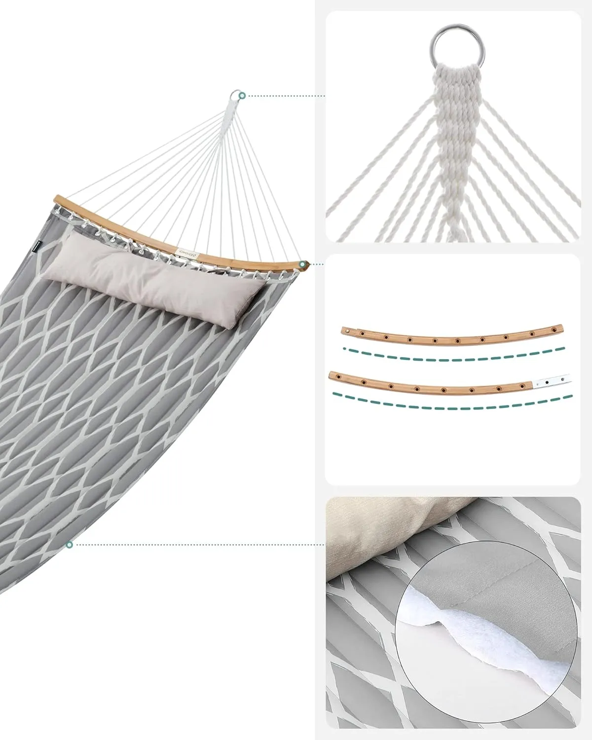 SONGMICS Quilted Hammock with Curved Bamboo Spreaders, Pillow, 78.7 x 55.1 Inches, Holds up to 495 lb, Gray and Beige Rhombus