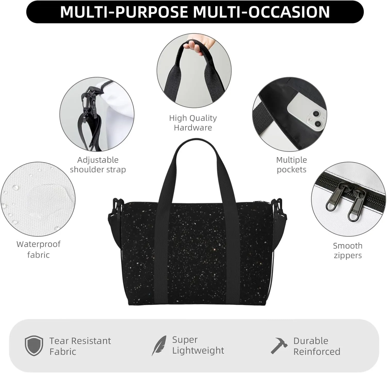 Sports Gym Bag for Women Men Travel Duffel Bag Tote black glitter Weekender Bag Canvas Carry on Overnight Bag for Travel Swimming Fitness Workout Sports Duffle Bag