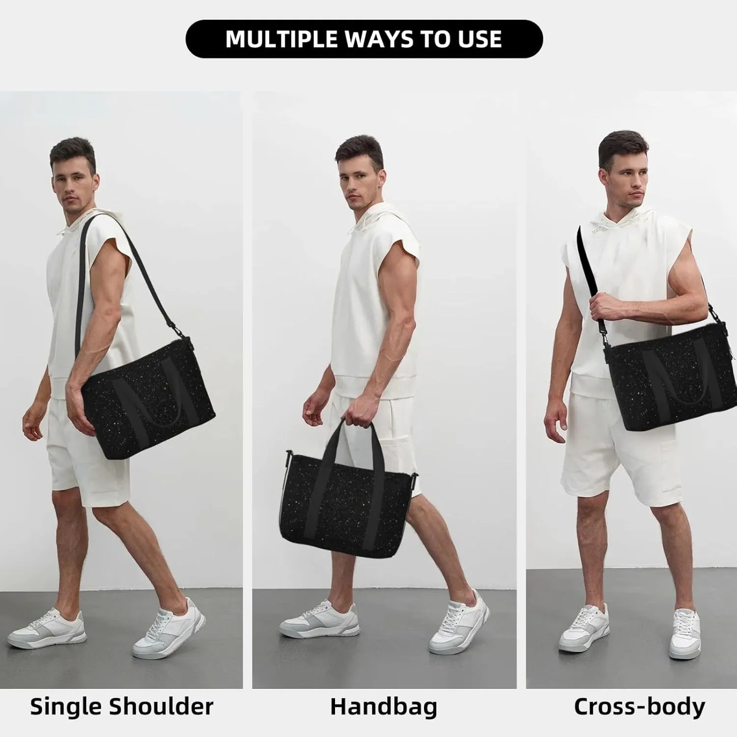 Sports Gym Bag for Women Men Travel Duffel Bag Tote black glitter Weekender Bag Canvas Carry on Overnight Bag for Travel Swimming Fitness Workout Sports Duffle Bag