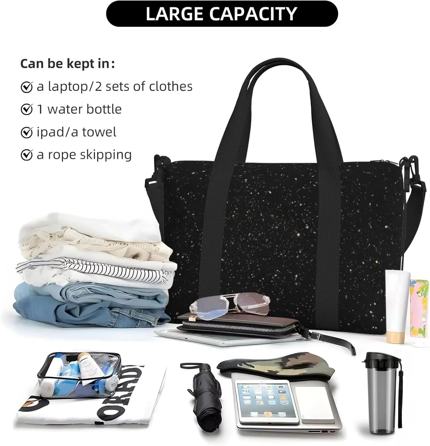 Sports Gym Bag for Women Men Travel Duffel Bag Tote black glitter Weekender Bag Canvas Carry on Overnight Bag for Travel Swimming Fitness Workout Sports Duffle Bag