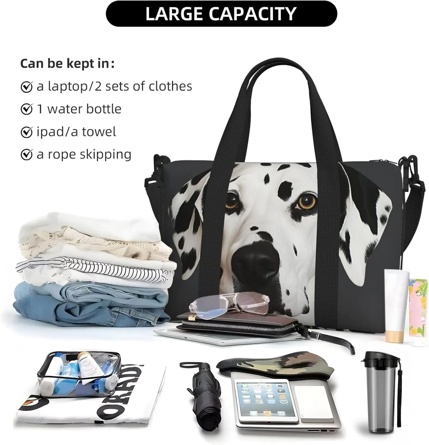 Sports Gym Bag for Women Men Travel Duffel Bag Tote Dalmatian Weekender Bag Canvas Carry on Overnight Bag for Travel Swimming Fitness Workout Sports Duffle Bag