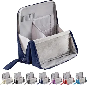 Standing Makeup Bag, 2025 Upgraded Portable Large Capacity Standing Makeup Bag with Compartments, Travel Make-up Organizer with Room for Brushes and Mirrors (Navy)