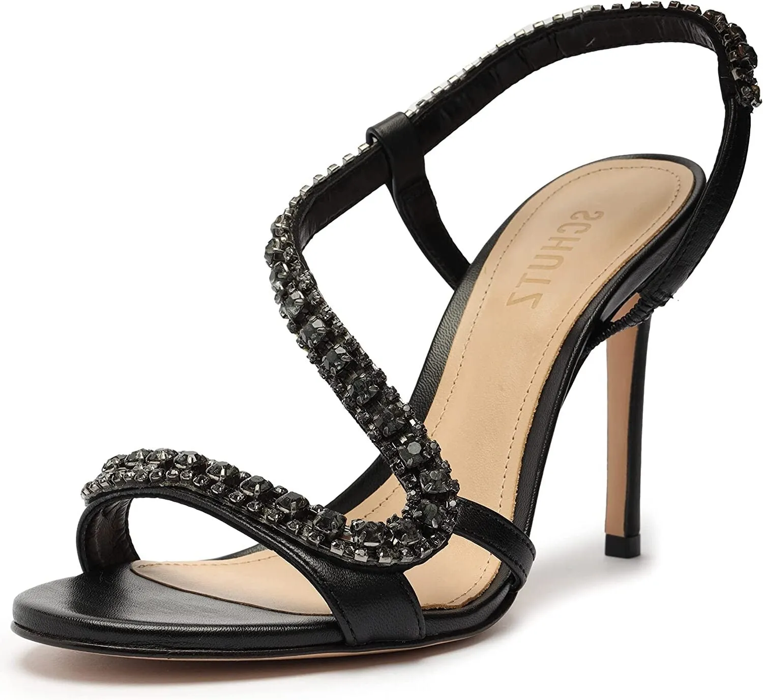 Stiletto Premium variety Pull Open On Toe Black Court Heel Crystal Schutz Studs Excellent craftsmanship Sandals Metallic