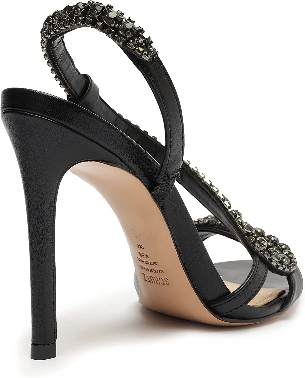 Stiletto Premium variety Pull Open On Toe Black Court Heel Crystal Schutz Studs Excellent craftsmanship Sandals Metallic