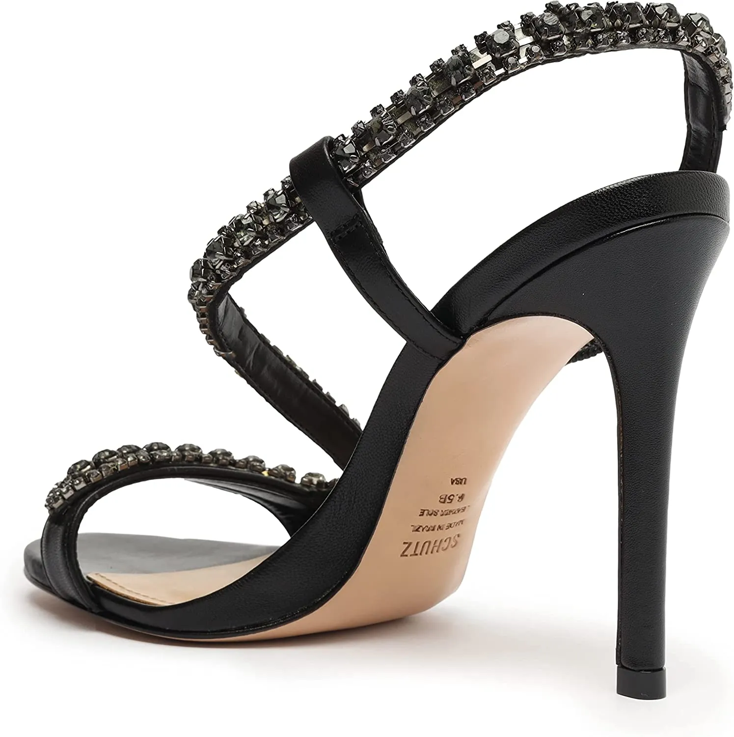 Stiletto Premium variety Pull Open On Toe Black Court Heel Crystal Schutz Studs Excellent craftsmanship Sandals Metallic