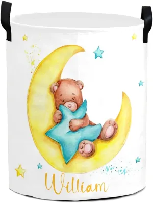 Teddy Bear Moon Blue Star Personalized Waterproof Foldable Laundry Basket Bag with Handle, Custom Collapsible Clothes Hamper Storage Bin for Toys Dorm Travel Bathroom