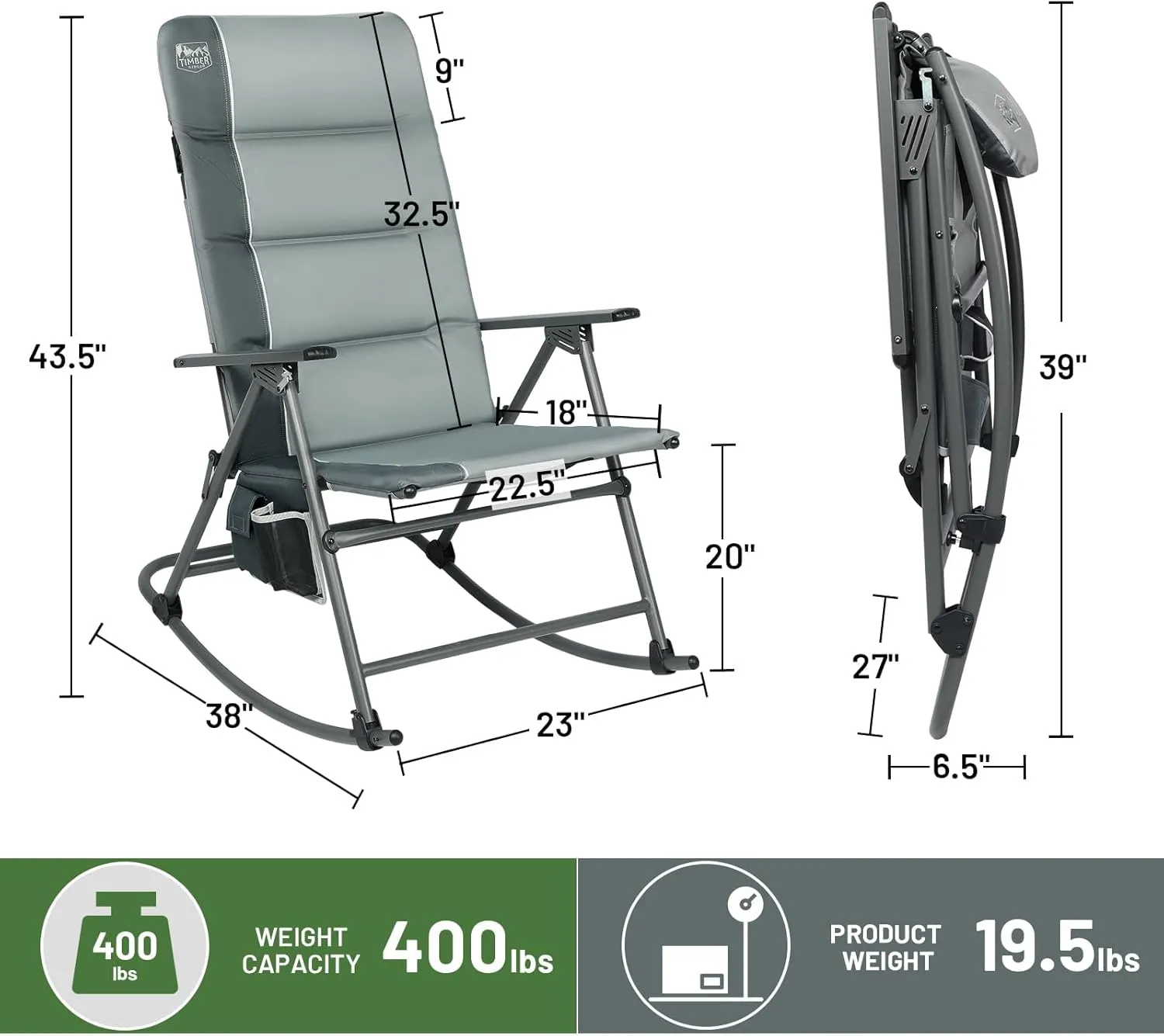 TIMBER RIDGE Oversized Folding Rocking Camping Chair, Padded Outdoor Rocker with High Back, Portable Outdoor Chair for Patio, Garden, Lawn, Supports up to 400 lbs, Gray