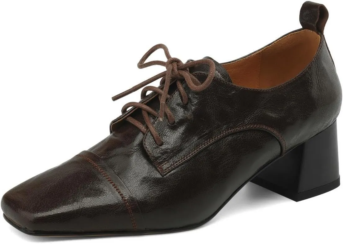 TinaCus Women's Handmade Geniuine Leather Vintage Lace Up Oxfords Square Toe Office Shoes