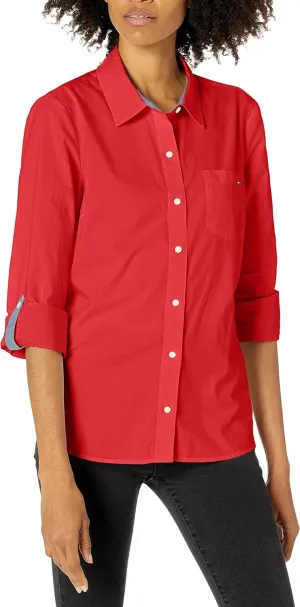 Tommy Hilfiger Women's Button Collared Shirt with Adjustable Sleeves