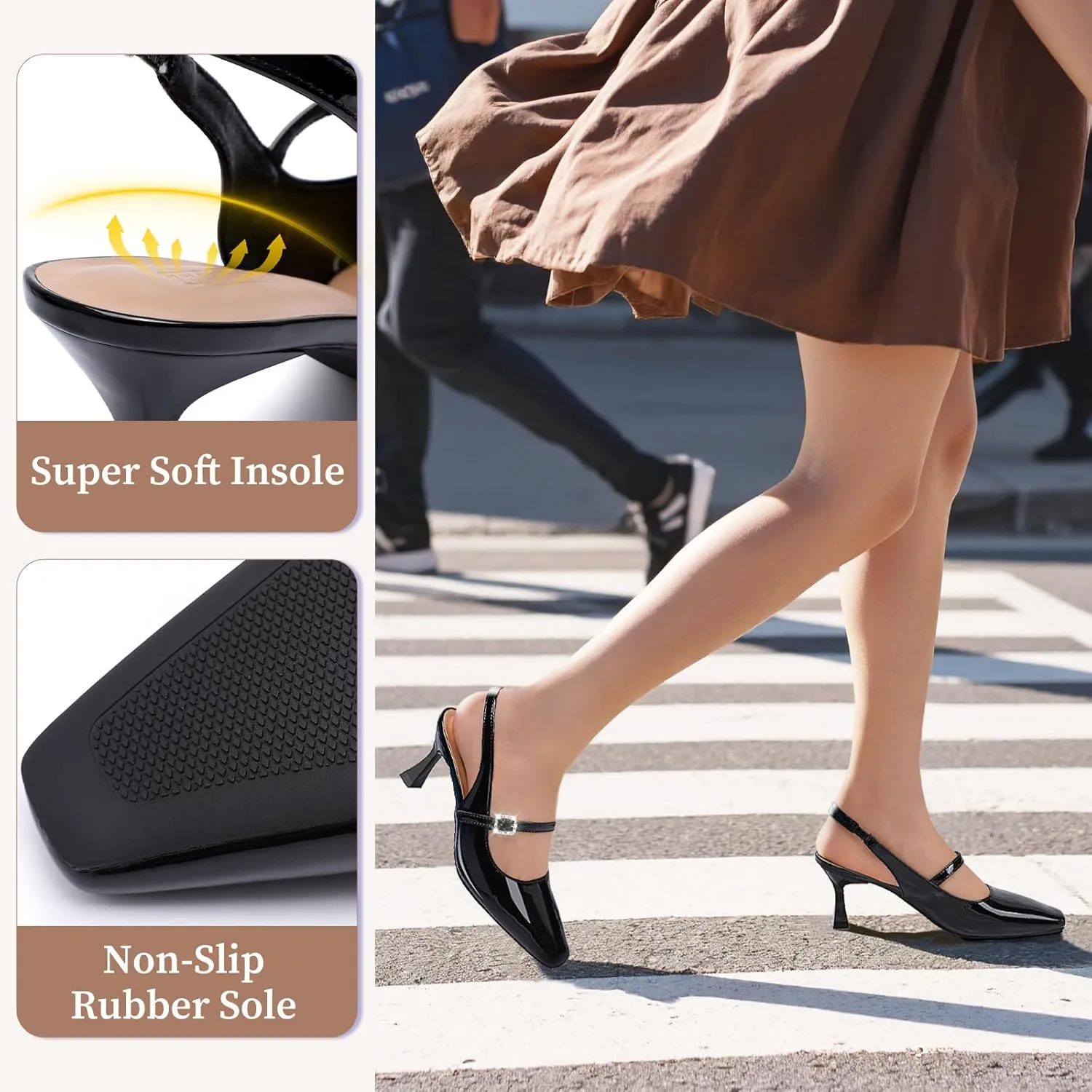 Trakxy Women Square Toe Slingback Mary Jane Closed Toe Pumps Low Kitten Heels Slip On Sandal Buckle Strap Dress Shoes (Black)