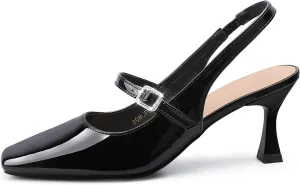 Trakxy Women Square Toe Slingback Mary Jane Closed Toe Pumps Low Kitten Heels Slip On Sandal Buckle Strap Dress Shoes (Black)