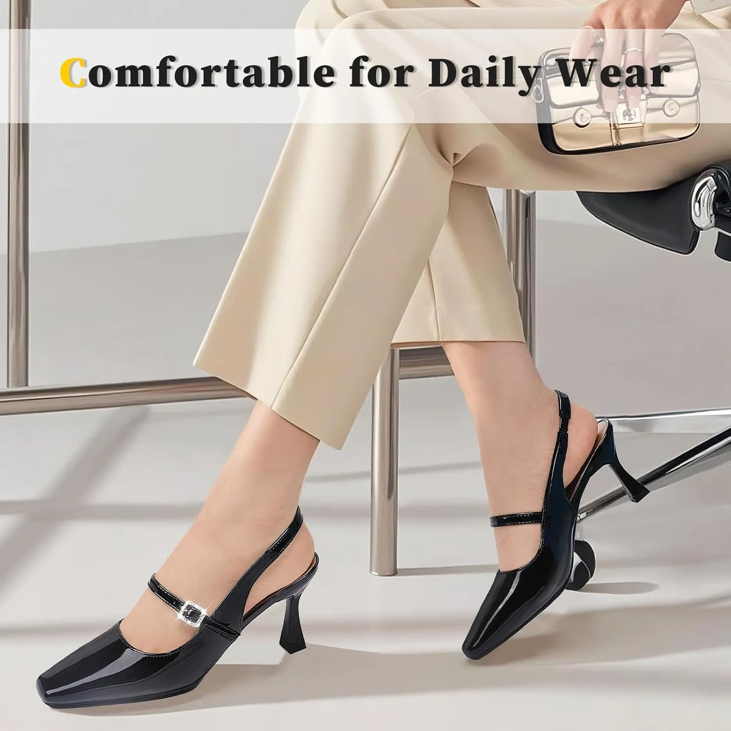 Trakxy Women Square Toe Slingback Mary Jane Closed Toe Pumps Low Kitten Heels Slip On Sandal Buckle Strap Dress Shoes (Black)