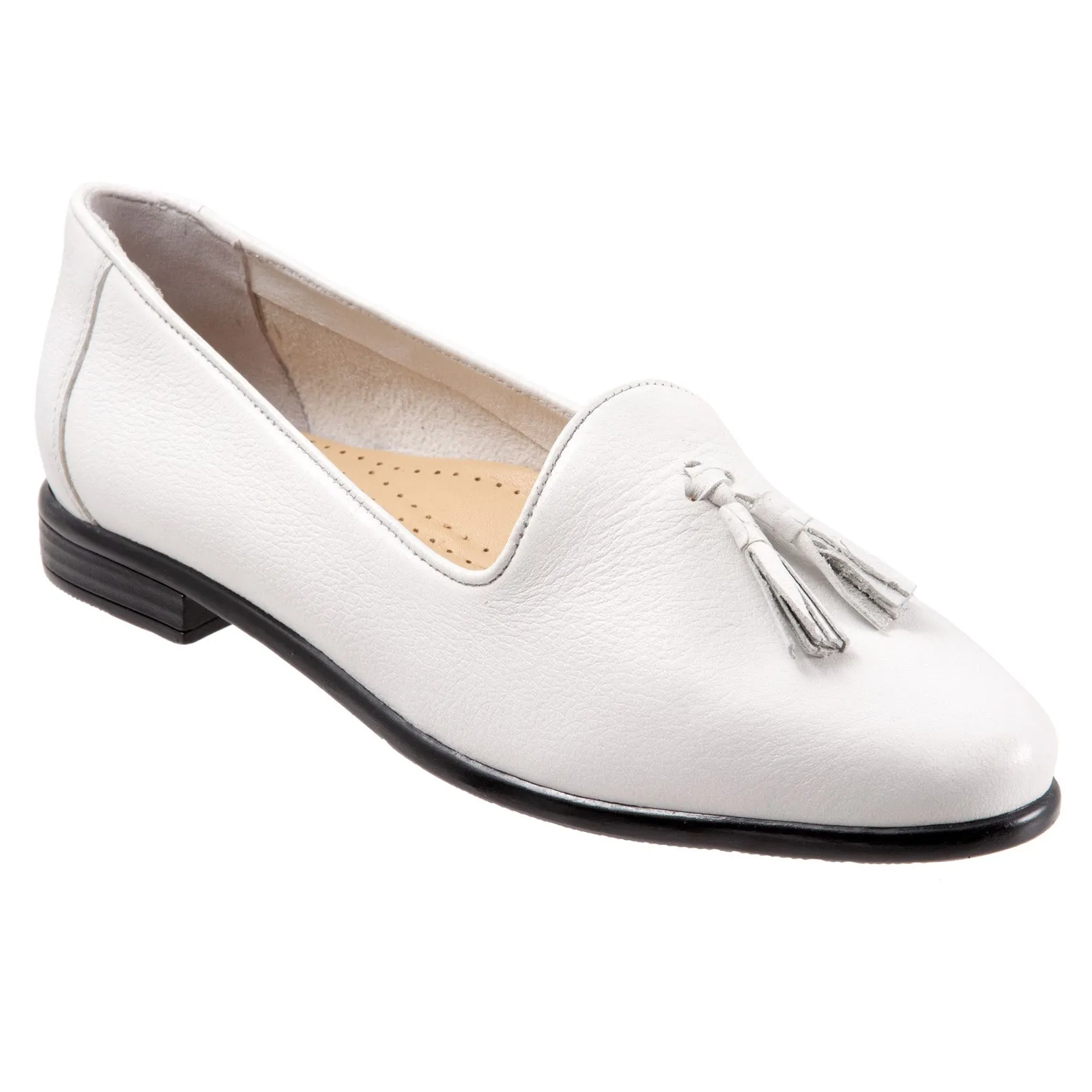 Trotters Liz Tassel T2224-100 Womens White Leather Loafer Flats Shoes